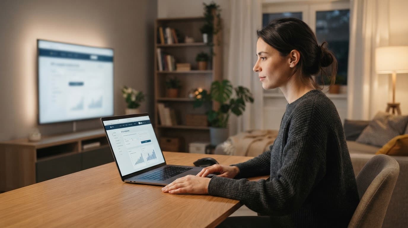 An adult reviews an IPTV offer on a laptop beside a smart TV.