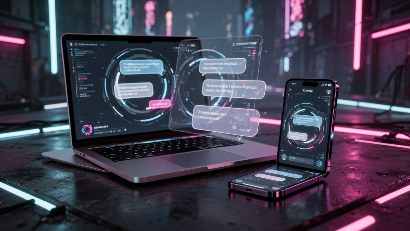 Futuristic small business website on mobile and desktop screens in cyberpunk style, featuring speed loading indicators, AI chat bubbles, responsive design, glowing Core Web Vitals metrics, dark mode with neon accents and dynamic lighting.