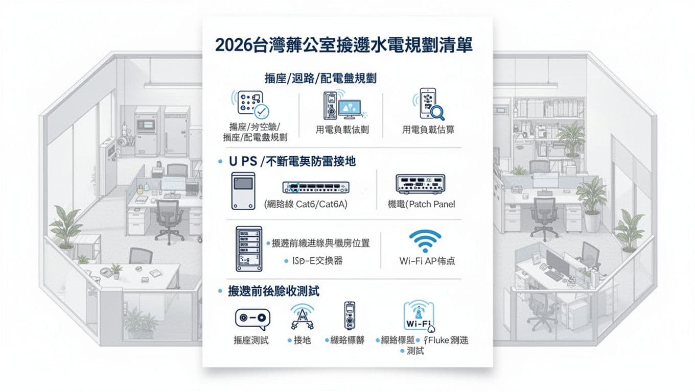 2026台灣辦公室搬遷水電規劃清單,從插座到網路一次搞定 2026台灣辦公室搬遷水電規劃清單,從插座到網路一次搞定
