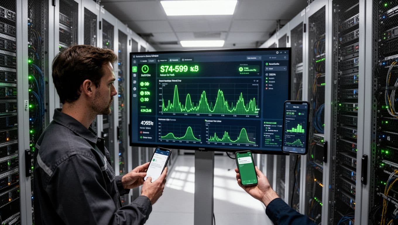 A monitoring dashboard shows green status lights for multiple websites against a server room background, with charts displaying real-time traffic and mobile alerts, as a single engineer checks the screen in a modern tech style.