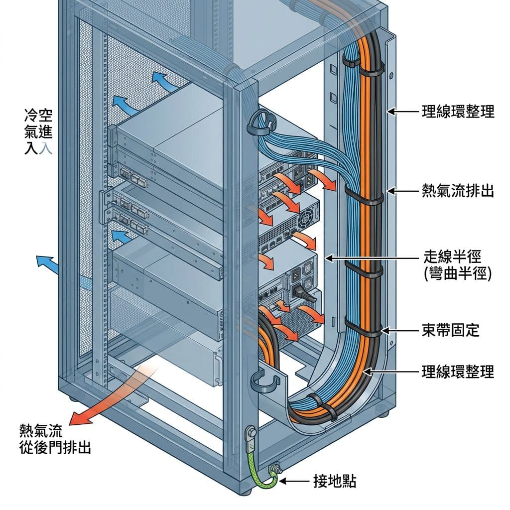 Close-up 3D semi-transparent view of server rack detailing fiber optic and power cable routing in trays with bend radii, ties, grounding, and airflow from front cold intake to rear hot exhaust.