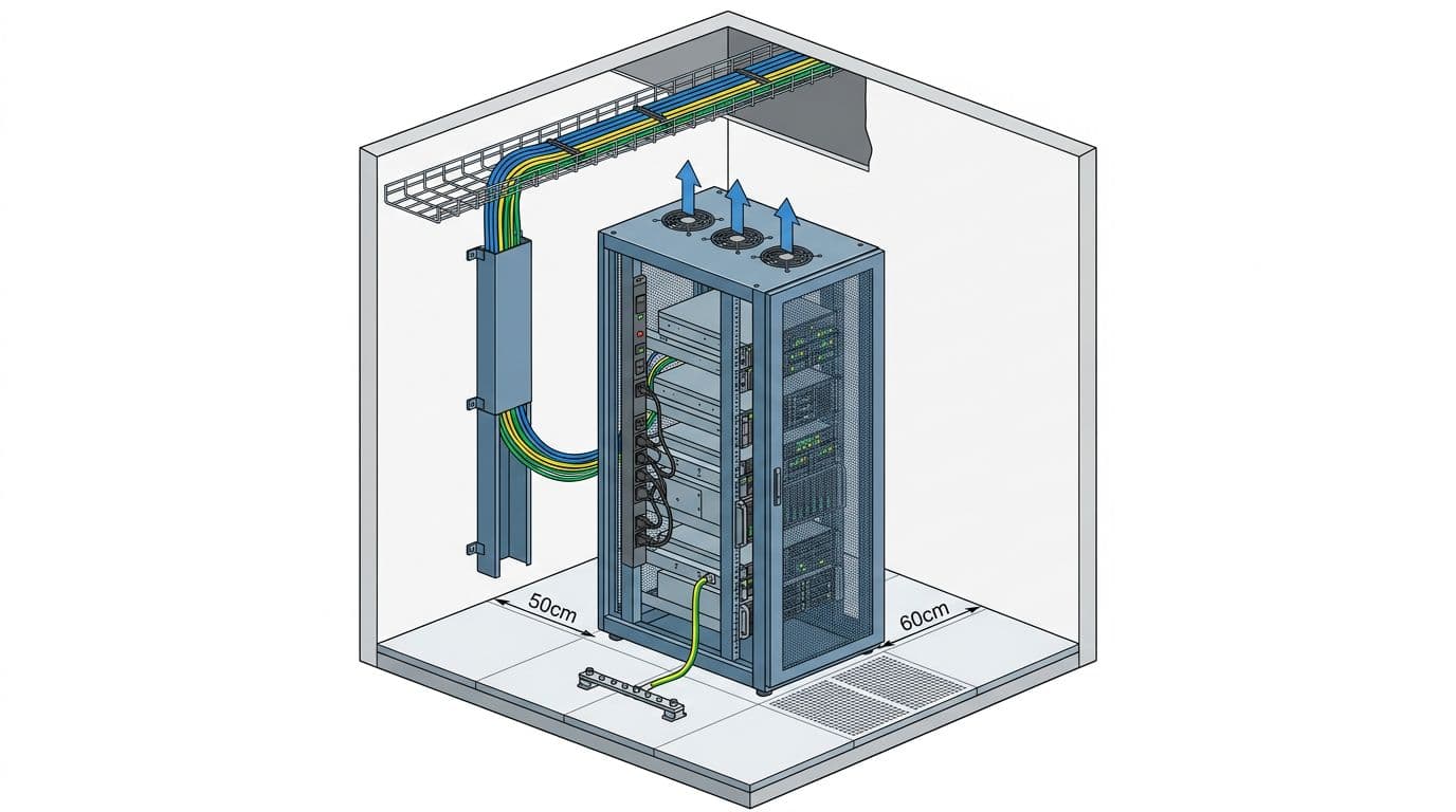 3D perspective diagram of a server rack installed in a server room corner, featuring front/rear clearances, side cable troughs to wall conduits, cooling fan airflow arrows, ground earthing, overhead cabling, PDU sockets, and server indicator lights in professional blue-gray tones on white background.