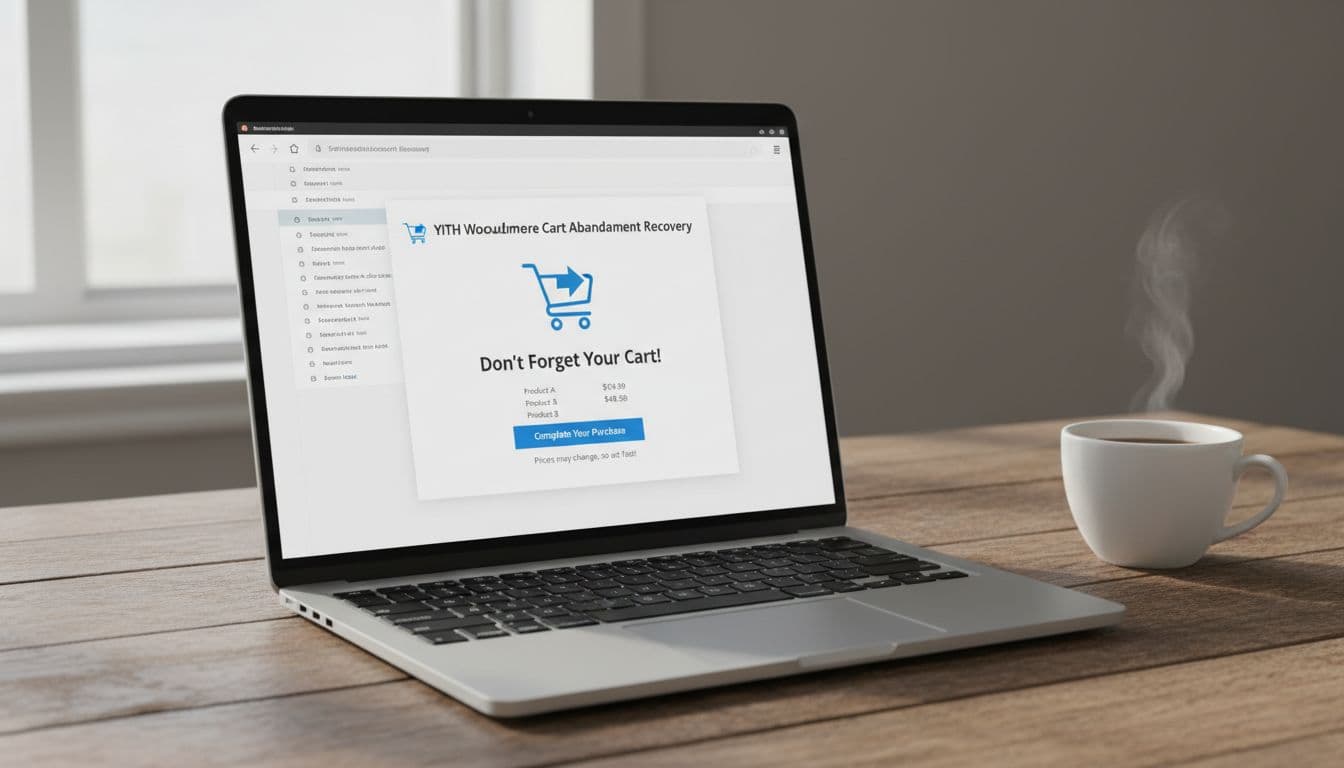 Realistic photo of a single laptop on a wooden table with a coffee mug nearby, displaying a shopping cart recovery email preview in a clean inbox interface under natural daylight, no readable text, no people or extra objects.