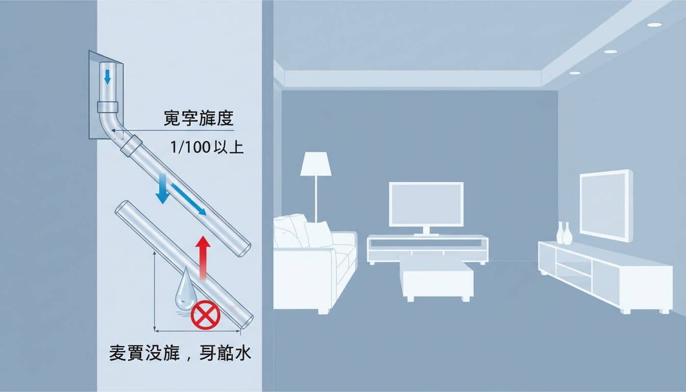 室內牆面剖視圖展示冷氣預留排水管正確坡度（向下傾斜1/100以上）與錯誤逆坡（向上），箭頭標示水流方向與坡度，背景為簡約住宅客廳，藍灰白調現代技術風格。