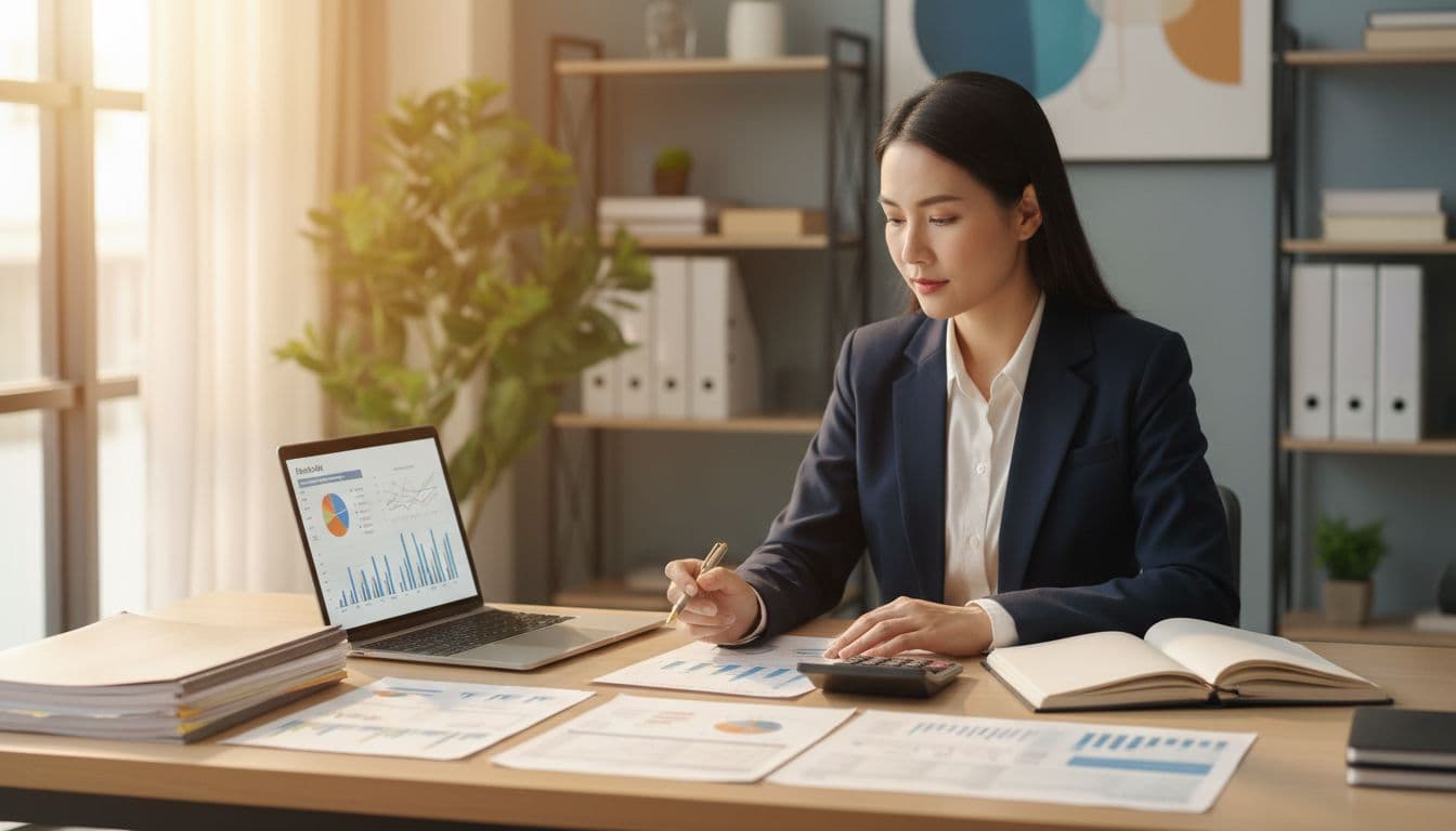 年中創業前,先看懂公司與行號的稅務差異 A professional accountant sits at a tidy desk, carefully reviewing neatly stacked financial documents and complex tax forms under soft, warm lighting. The blurred office background creates a focused professional atmosphere.