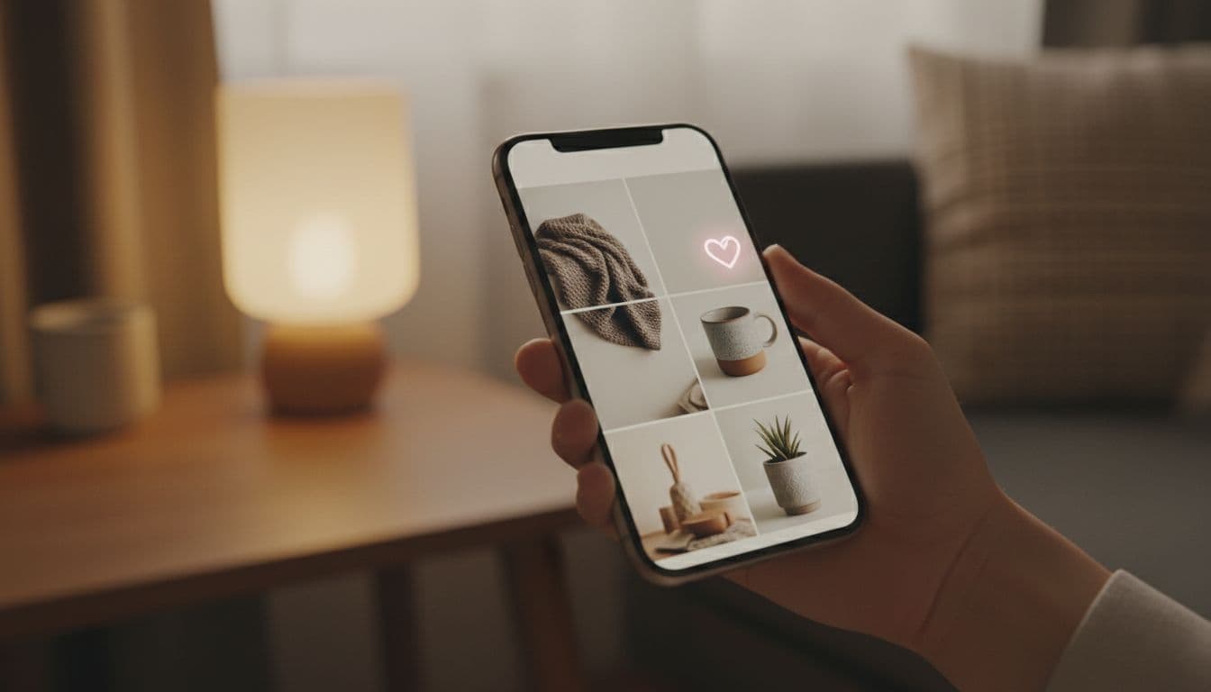 A hand naturally holding a mobile phone in a cozy home setting, relaxedly adding a product to the wishlist with focus on the screen gesture. Product images are visible without readable text, in warm lighting and realistic style, simple composition with exactly one hand and one phone, no people visible.