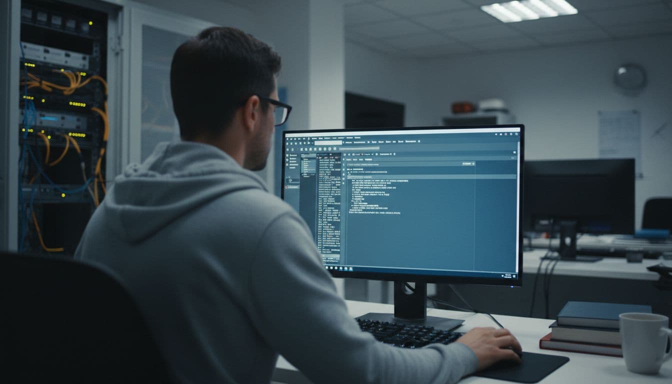 An administrator at a computer uses WP-CLI in a command line interface to restore a WordPress database, set in a server room or office with focused composition, realistic tech style, and soft lighting.