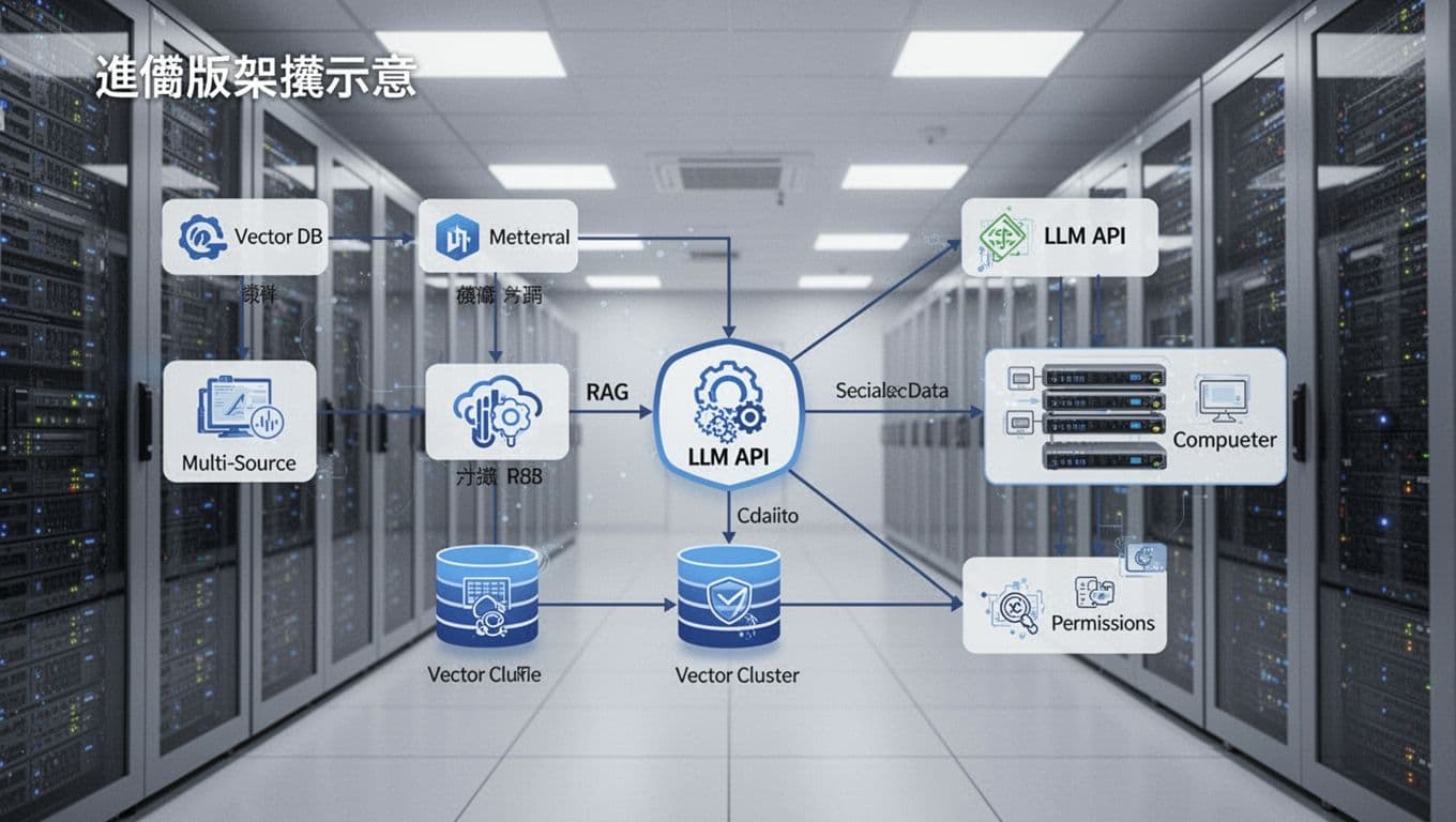 Professional illustration of a multi-source data pipeline to vector database, RAG with LLM API, scalable compute cluster, and permission controls as connected nodes in a modern server room background with soft lighting.