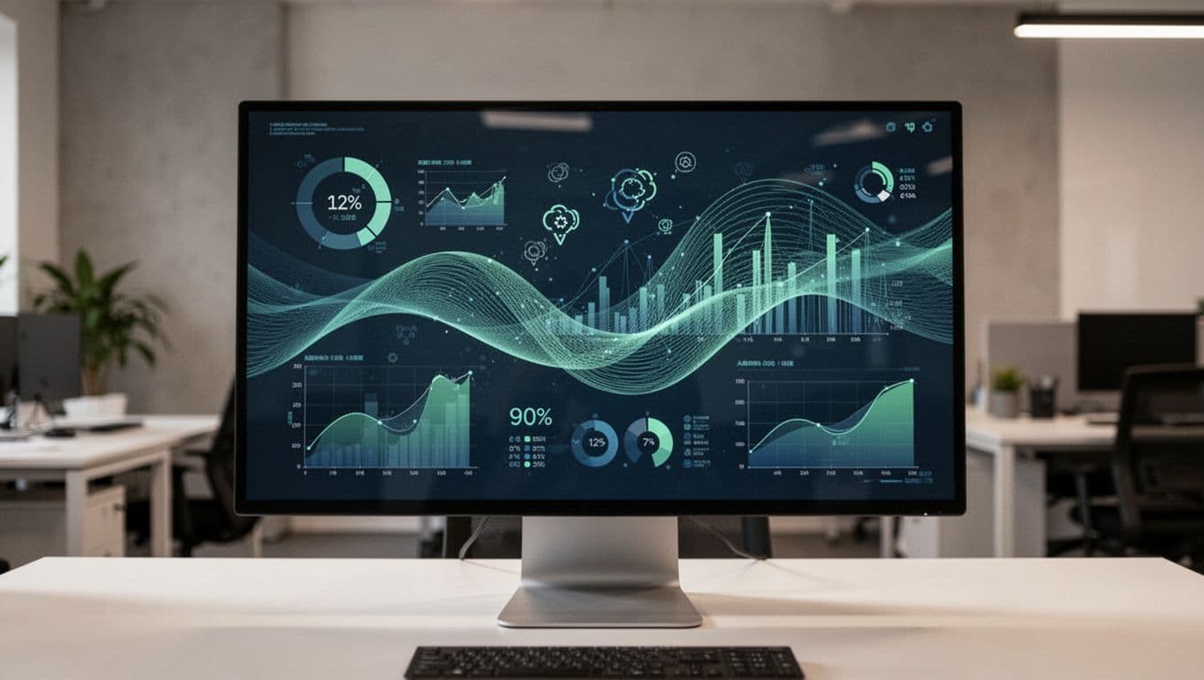 AI 自動化管理系統 讓創業老闆不再蠟燭兩頭燒 Schematic of a clean modern UI for an AI automated management system, featuring sales tracking, inventory management, and customer notification modules with blue-green tones, charts, and icons showing data flow from a desktop perspective.