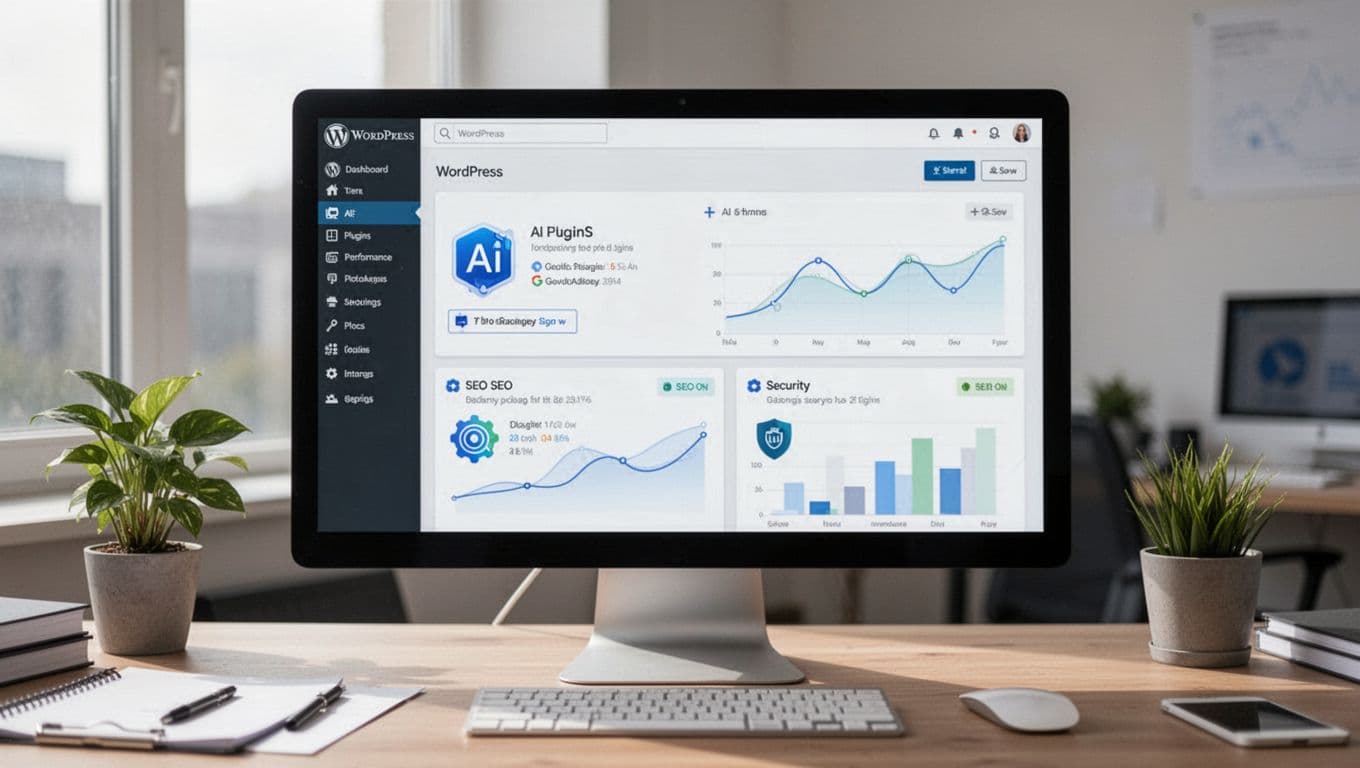Clean WordPress dashboard on a single computer monitor in a professional workspace, displaying active AI plugins for SEO and security with subtle performance graphs, natural daylight lighting, realistic style, no people.