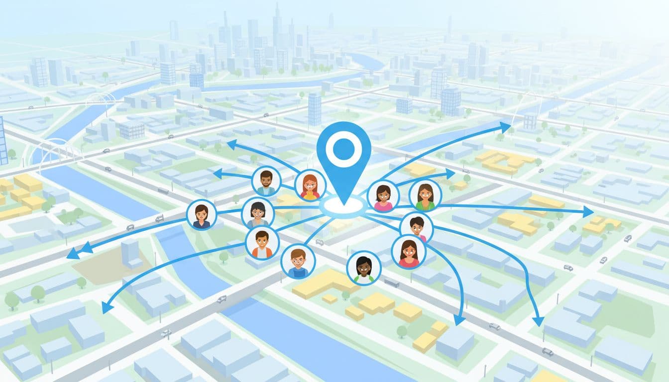 Modern illustration of a high-ranking local business on Google Maps, surrounded by customer icons and route guides in a city street background with daytime lighting.