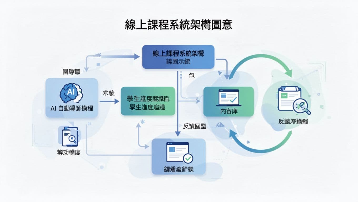 Schematic of online course system architecture including AI auto-tutor module, student progress tracking, content library, and feedback loop in clean chart style with blue-green tones and modern flat design.