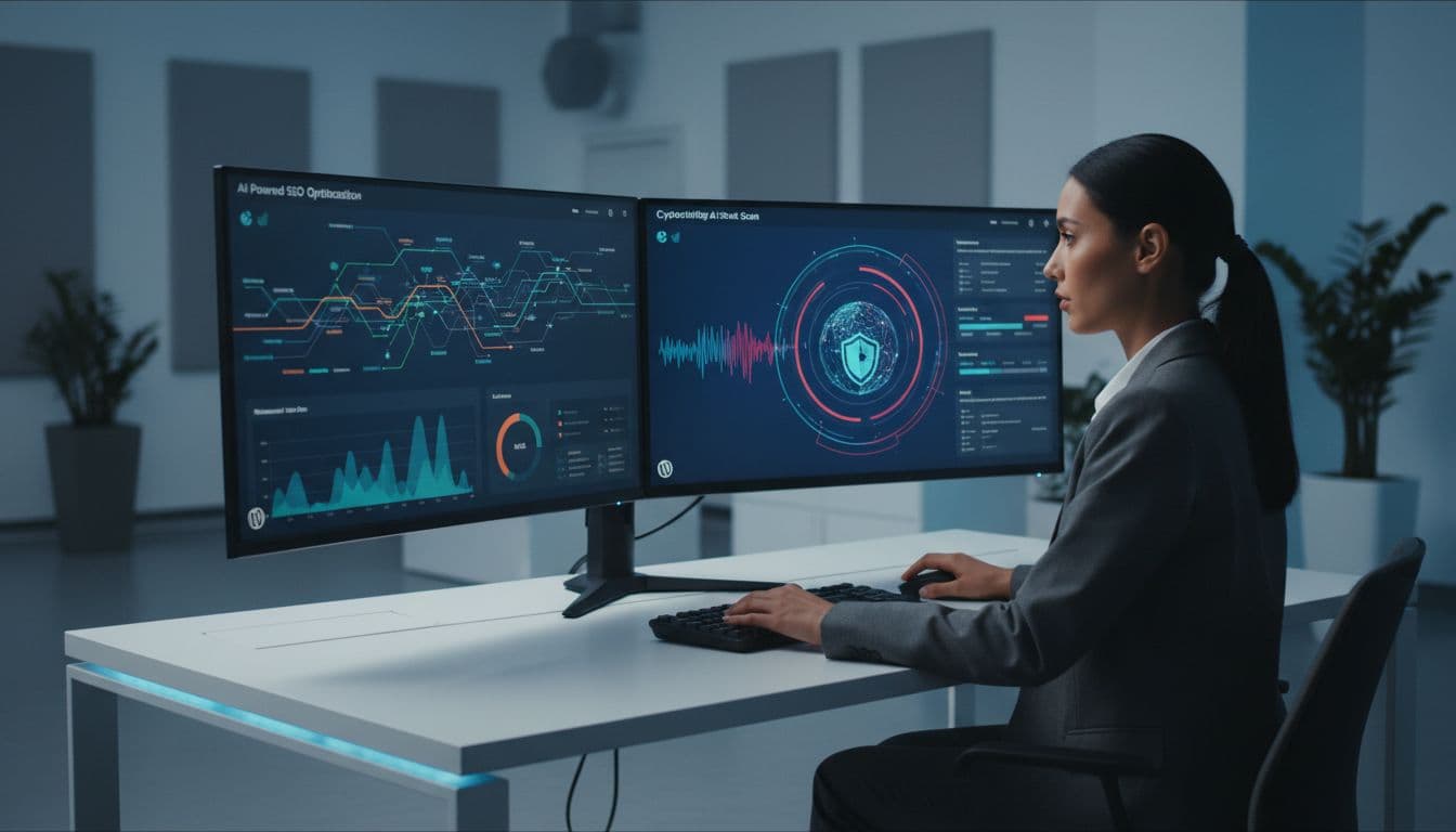 A professional at a desk with dual monitors displaying an AI dashboard optimizing website SEO metrics and security scans for a WordPress site, charts and graphs visible but no text, modern office setting with soft blue lighting.