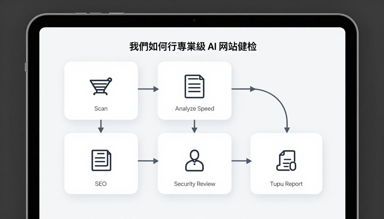 Flowchart diagram on a digital tablet showing steps of AI website audit process including scan, speed analysis, SEO check, security review, and report output. Professional infographic with simple line icons, neutral background, soft lighting.