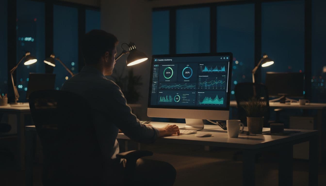 A computer screen displays an AI website monitoring dashboard with green status lights on, set in a nighttime office where a single person sits at the desk viewing it under soft lighting, realistic style, landscape orientation.