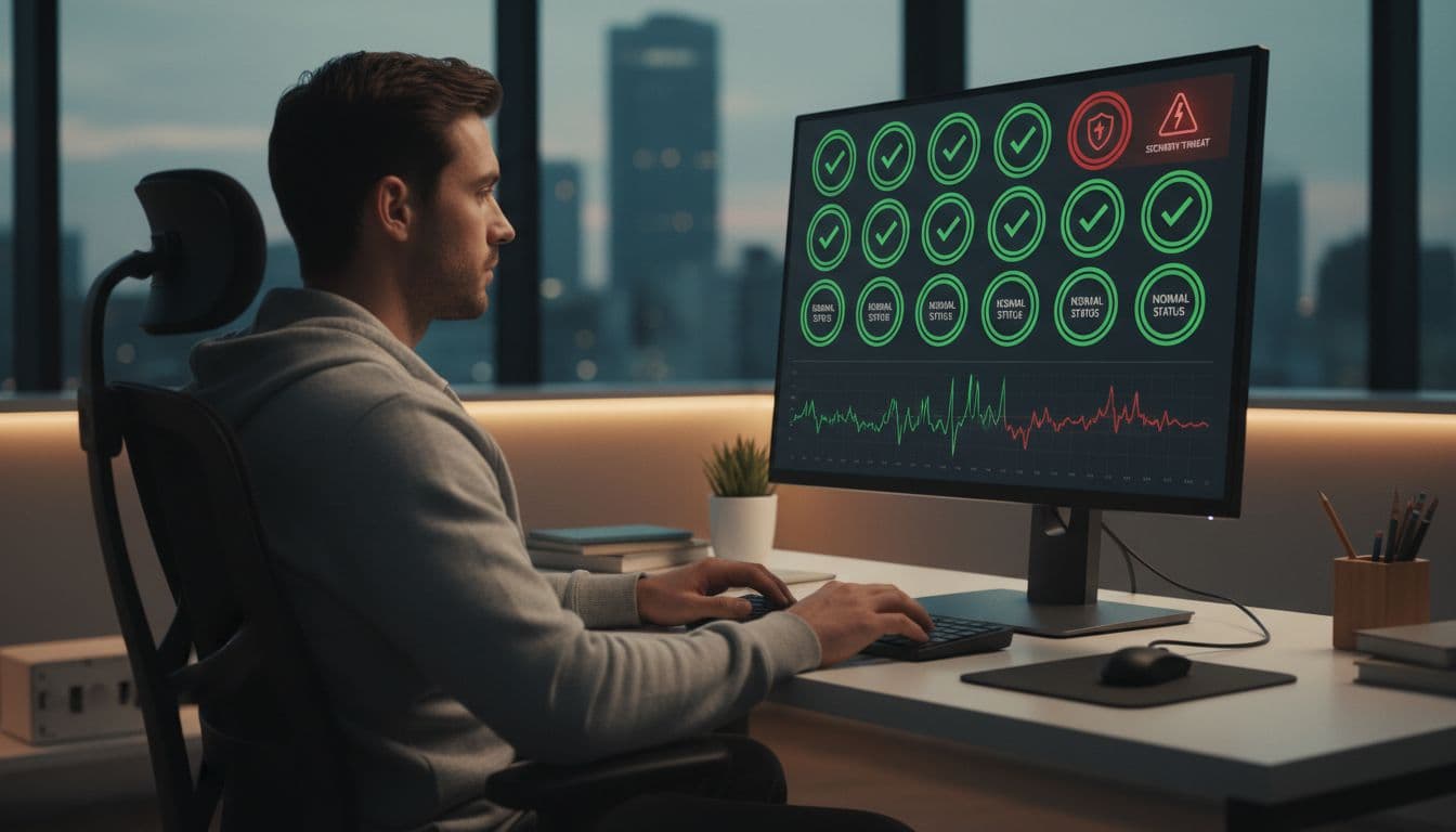 A computer screen shows an AI-powered website monitoring dashboard with green lights for normal status and red lights for security threats, observed by a single engineer in a modern office with soft lighting, realistic style.