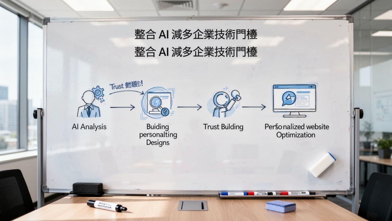Workflow diagram on a whiteboard in a bright meeting room shows steps from AI analysis to personalized website design, with simple icons for trust building and performance optimization, marker and eraser nearby, illustrative style with soft lighting.
