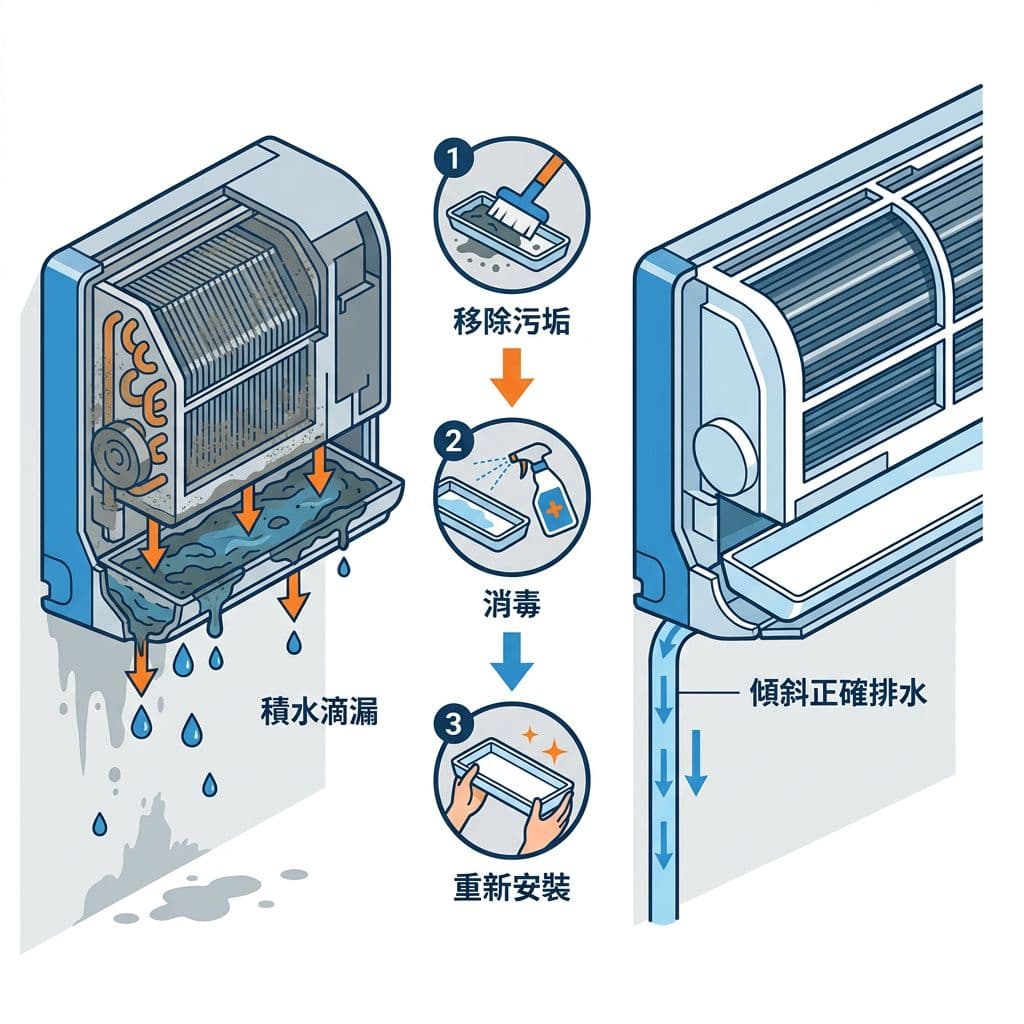 Flat vector engineering diagram illustrating a dirty air conditioner indoor unit drain pan with water leakage on the left, and a clean, properly tilted pan draining correctly on the right. Arrows indicate cleaning steps: remove dirt, disinfect, and reinstall.