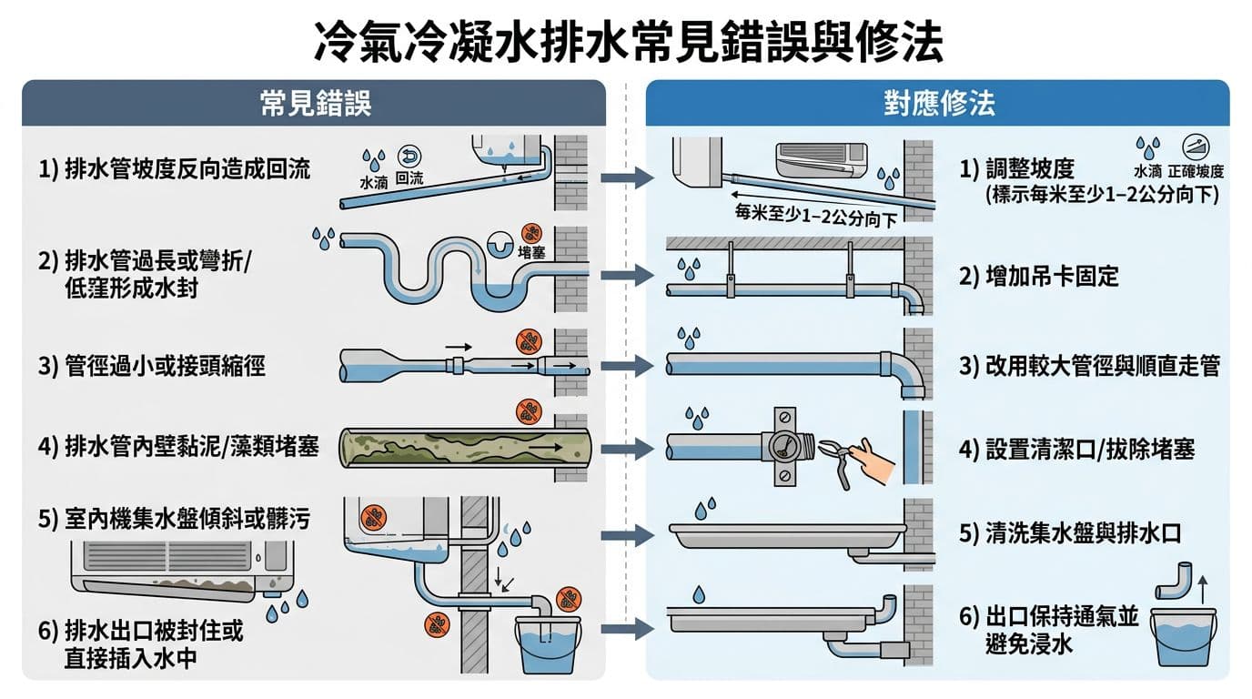 以繁體中文空調維修教學風格製作的資訊圖，左欄列出排水管坡度反向、堵塞、管徑過小等常見錯誤，右欄以箭頭對應修法如調整坡度、清潔等，乾淨白底扁平向量工程示意圖。
