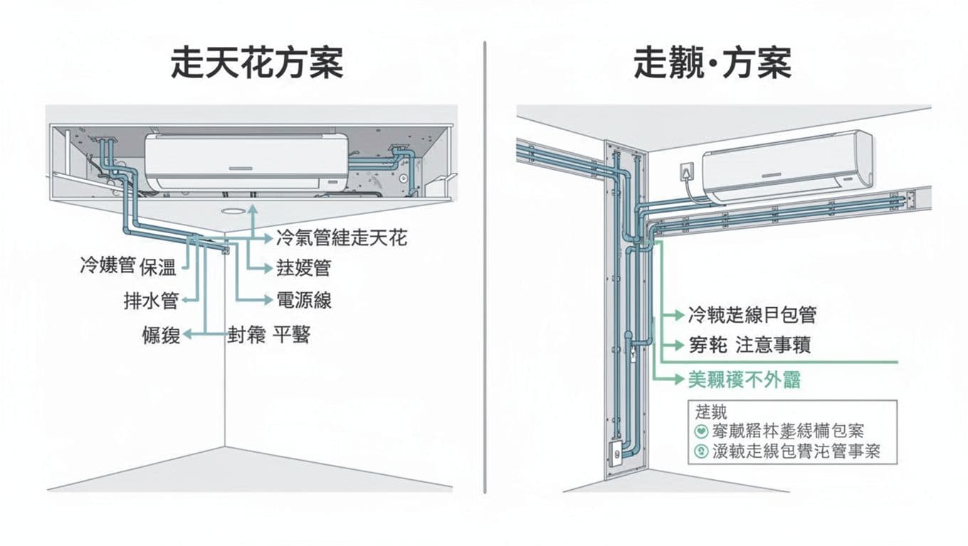 2D扁平向量風格的冷氣管線佈線方案對比圖，左側顯示走天花隱藏管線，右側顯示走牆包管方案，強調美觀不外露。