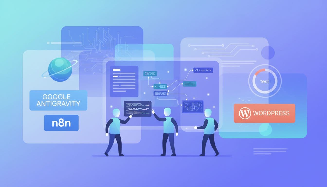 Flat tech illustration of exactly three AI agents collaborating in Google Antigravity to optimize n8n workflows integrated with WordPress, featuring discussion, code editing, and test dashboards in a clean modern SaaS style without text or real people.