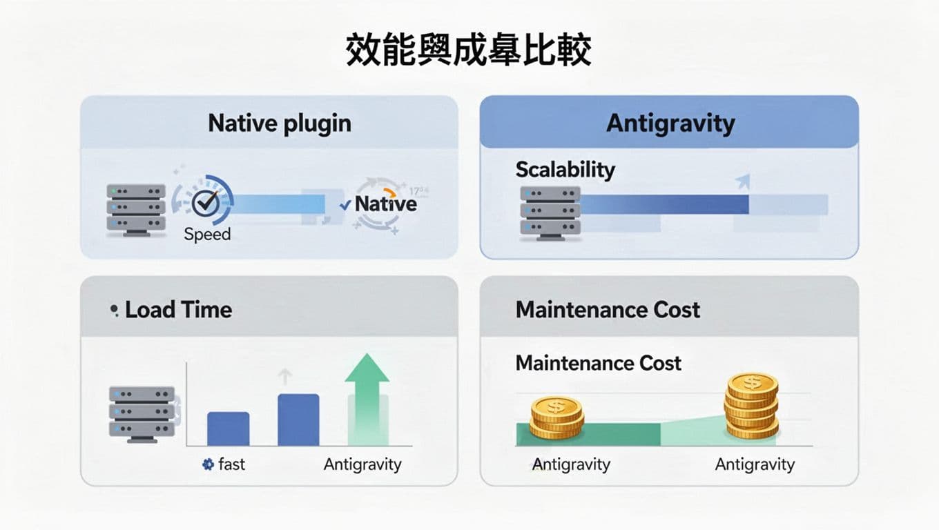 Infographic bar chart comparing load time, scalability, and maintenance costs between Native plugin and Antigravity using two columns of graphs and icons in modern flat design.