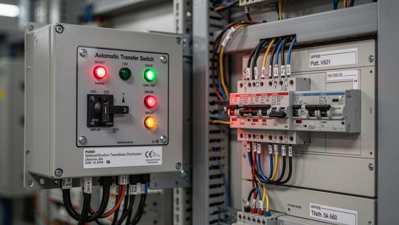 辦公室發電機 ATS 規劃,停電時真正有用的備援重點 Close-up of ATS automatic transfer switch panel displaying switching indicator lights and circuit connections next to an office distribution panel, in professional industrial style with clear details and focused lighting.