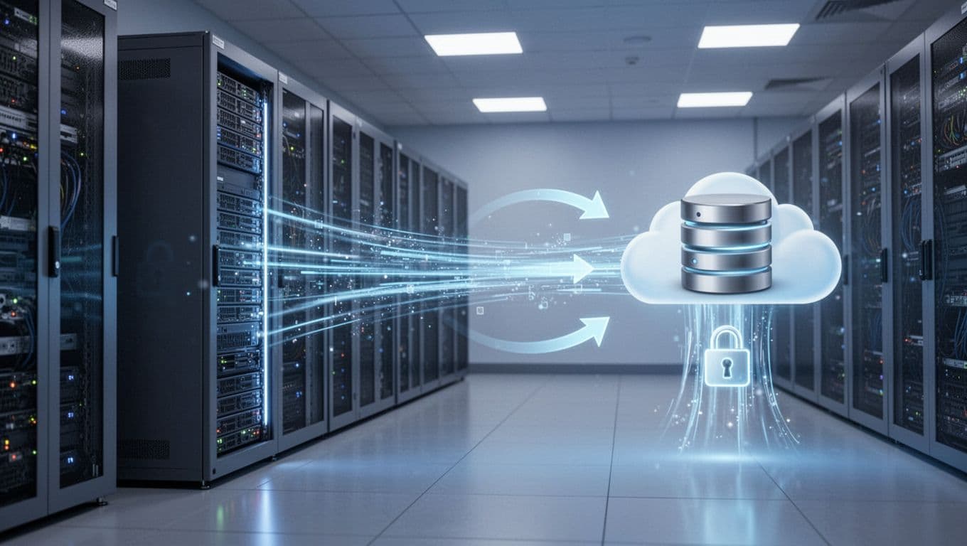 Illustration depicting server data transmission to offsite cloud storage with arrows for auto-sync, data center background, security lock icon, in simple illustration style with soft blue lighting, no text, people, or watermarks.
