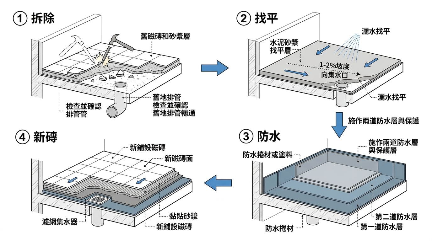 清晰技術示意圖展示陽台排水改善四步驟：拆除舊層檢查地排、清理找平製造坡度、施作防水保護層、鋪新磁磚安裝濾網。白底黑灰線條藍色箭頭，建築教學流程圖。