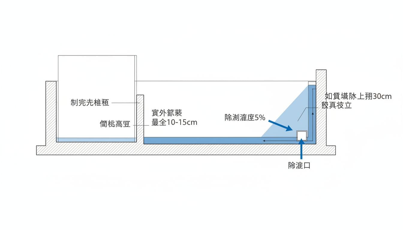 Technical cross-section diagram for balcony terrace waterproofing and drainage in interior renovations, displaying height differences, slopes, drain positions, and parapet upturns with Traditional Chinese labels. Features thin gray-black lines, blue waterproof fills, and clean white background in professional engineering style.