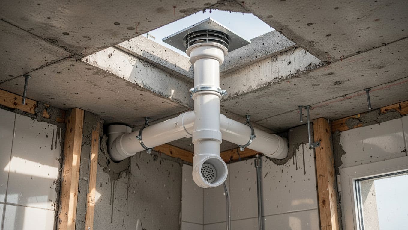 浴室水電施工怎麼做,才能避開排水堵塞與臭味回湧 PVC ventilation pipe securely installed on bathroom ceiling, connected to drainage system and rising to roof exhaust vent, with professional details and natural light, realistic photo style.