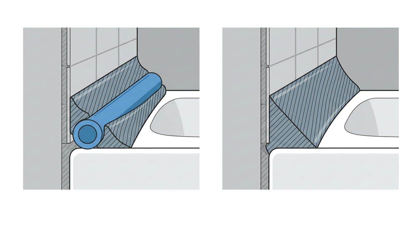 Clean flat vector illustration on white background with gray-blue-green colors and high-contrast lines, depicting a 90-degree wall-to-bathtub corner cross-section showing backing foam fill depth differences between three-sided and two-sided adhesion.