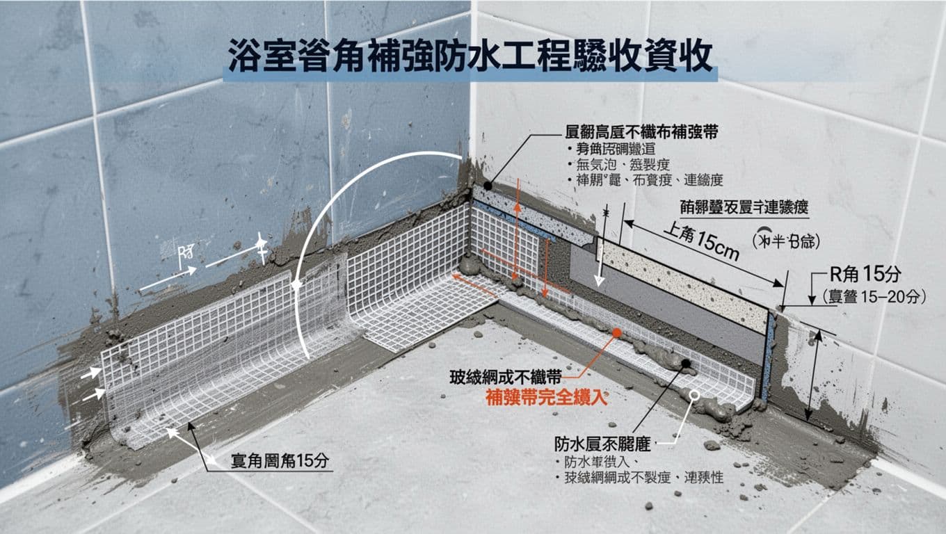 浴室牆地交界局部剖面與俯視圖，顯示R角處理、玻纖網補強帶位置、上翻高度15-20公分、防水層連續性，強調無氣泡無裂痕。藍灰白工程配色，精準尺寸標註，專業資訊圖表風格。