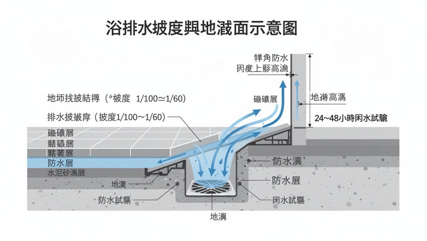 乾淨現代扁平化向量風格資訊圖表，顯示浴室地坪找坡結構（坡度1/100至1/60）、水流向地漏傾斜、各層清楚標註及24~48小時閉水試驗步驟。專業簡潔設計，適合中文部落格文章，16:9寬圖比例，高解析度白底。