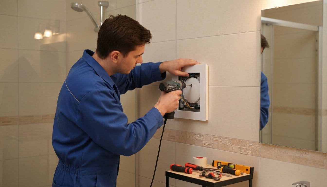浴室暖風機怎麼選?110V 與 220V 配線差在哪 Technician fixes embedded warm air heater into tiled bathroom wall with screwdriver nearby.
