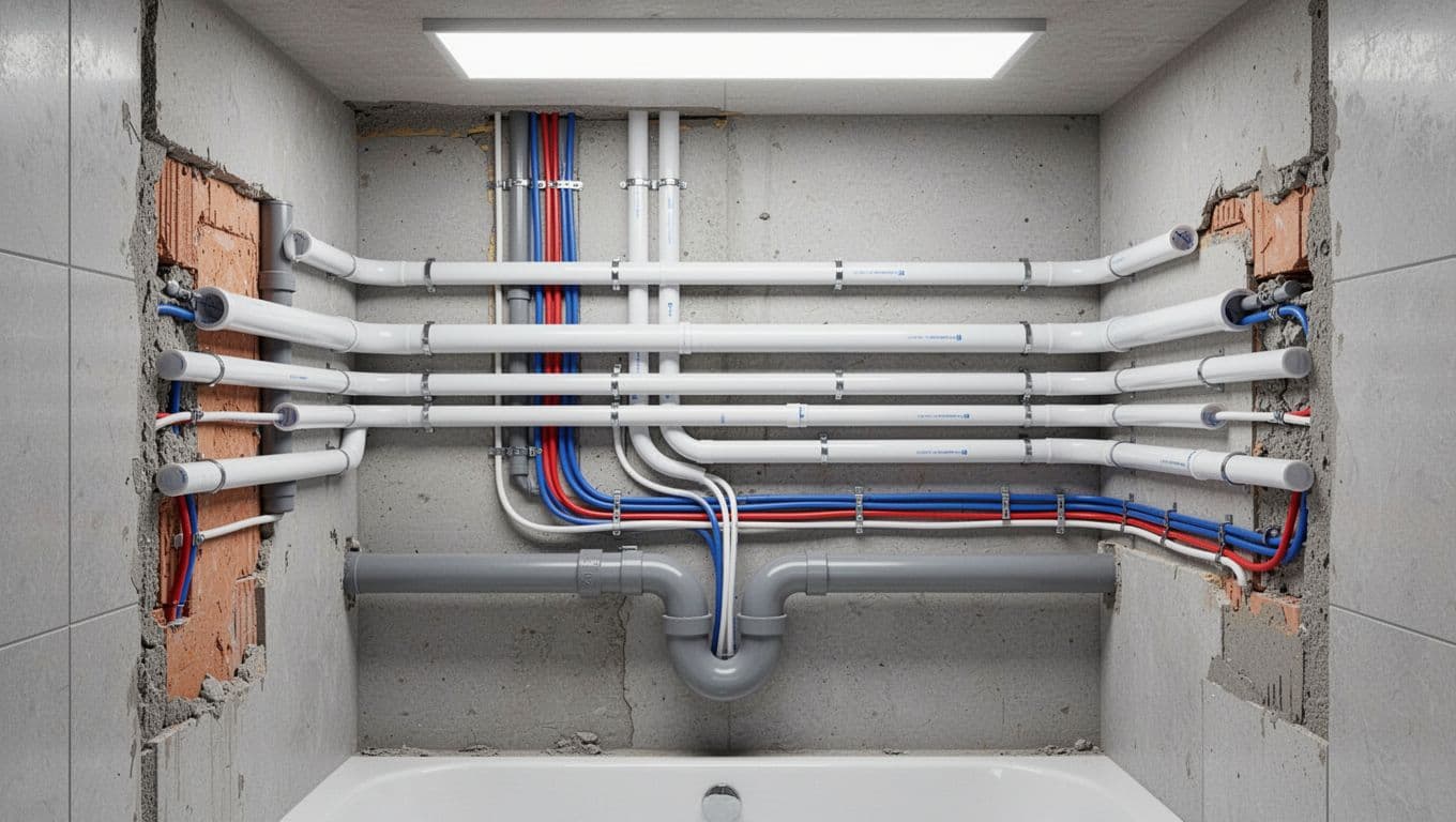 浴室水電施工怎麼做,才能避開排水堵塞與臭味回湧 Cross-section view of properly layered drainage pipes and electrical circuits fixed in bathroom walls using PVC protection to prevent crossing, in a clean professional realistic illustration style.