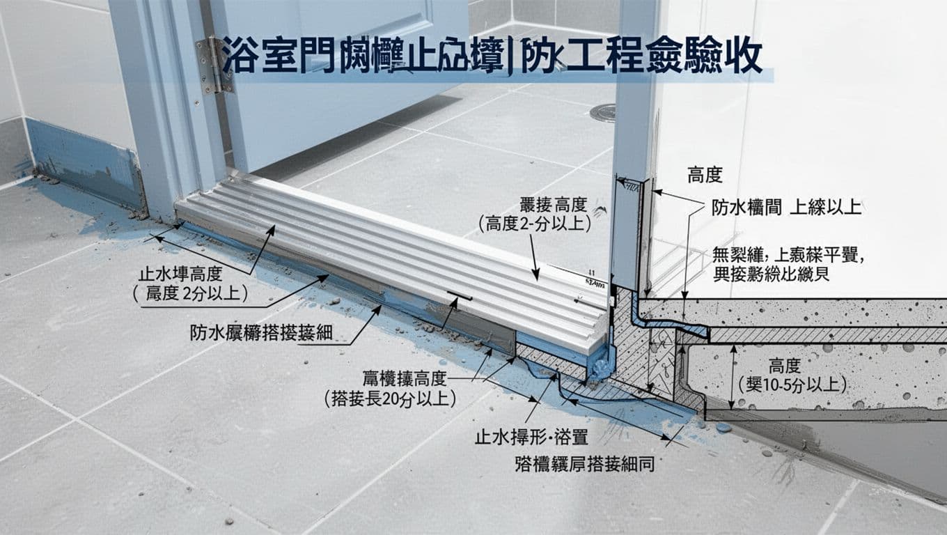 浴室門口門檻止水墩防水工程驗收示意圖，結合局部俯視與剖面圖，標註止水墩高度（2-5公分）、寬度、防水層搭接（10公分以上）等細節，強調上緣平整、無裂縫及與門框緊密銜接。藍灰白工程配色，線稿清晰，繁體中文標註。