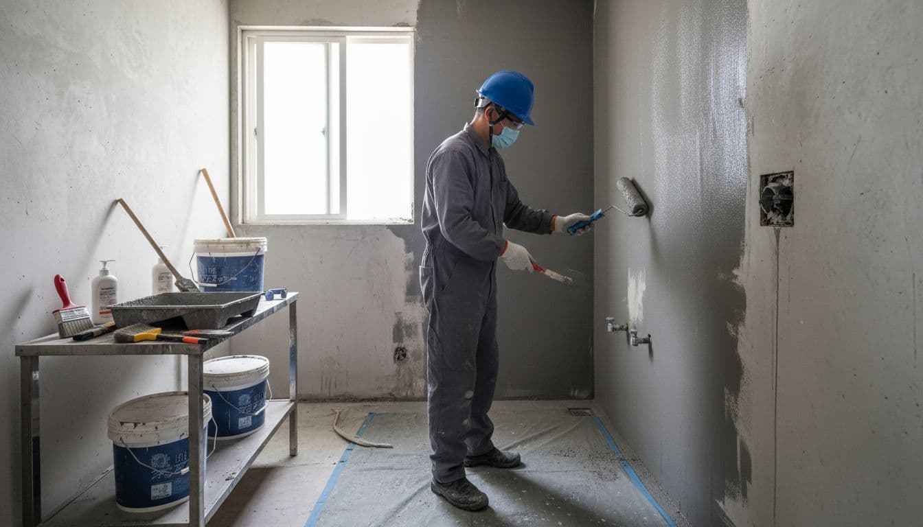 Single worker paints waterproof material on bathroom walls and floor using roller and brush amid clean workbench and safety gear.