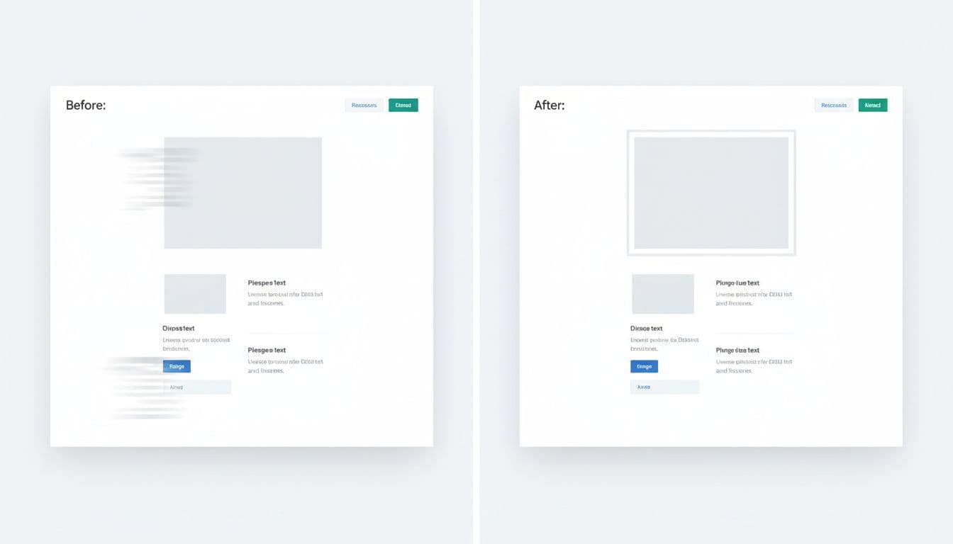 Split-screen comparison of a webpage with layout shift issues on the left (shifting elements pushing text) and stable layout on the right (reserved spaces), modern web design style.