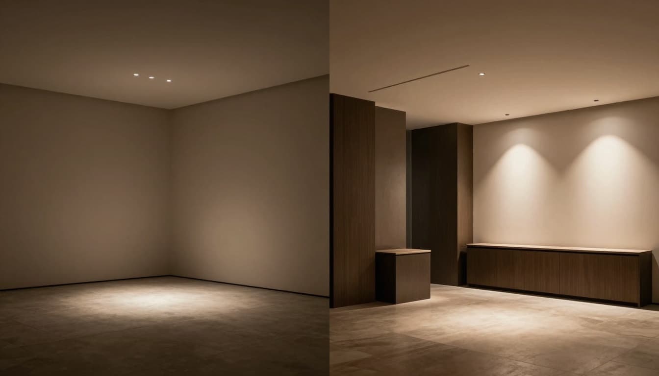 High-contrast split composition comparing a dim, plain commercial space on the left to a luxurious gallery-style interior on the right, featuring professional spotlights and elegant partitions.