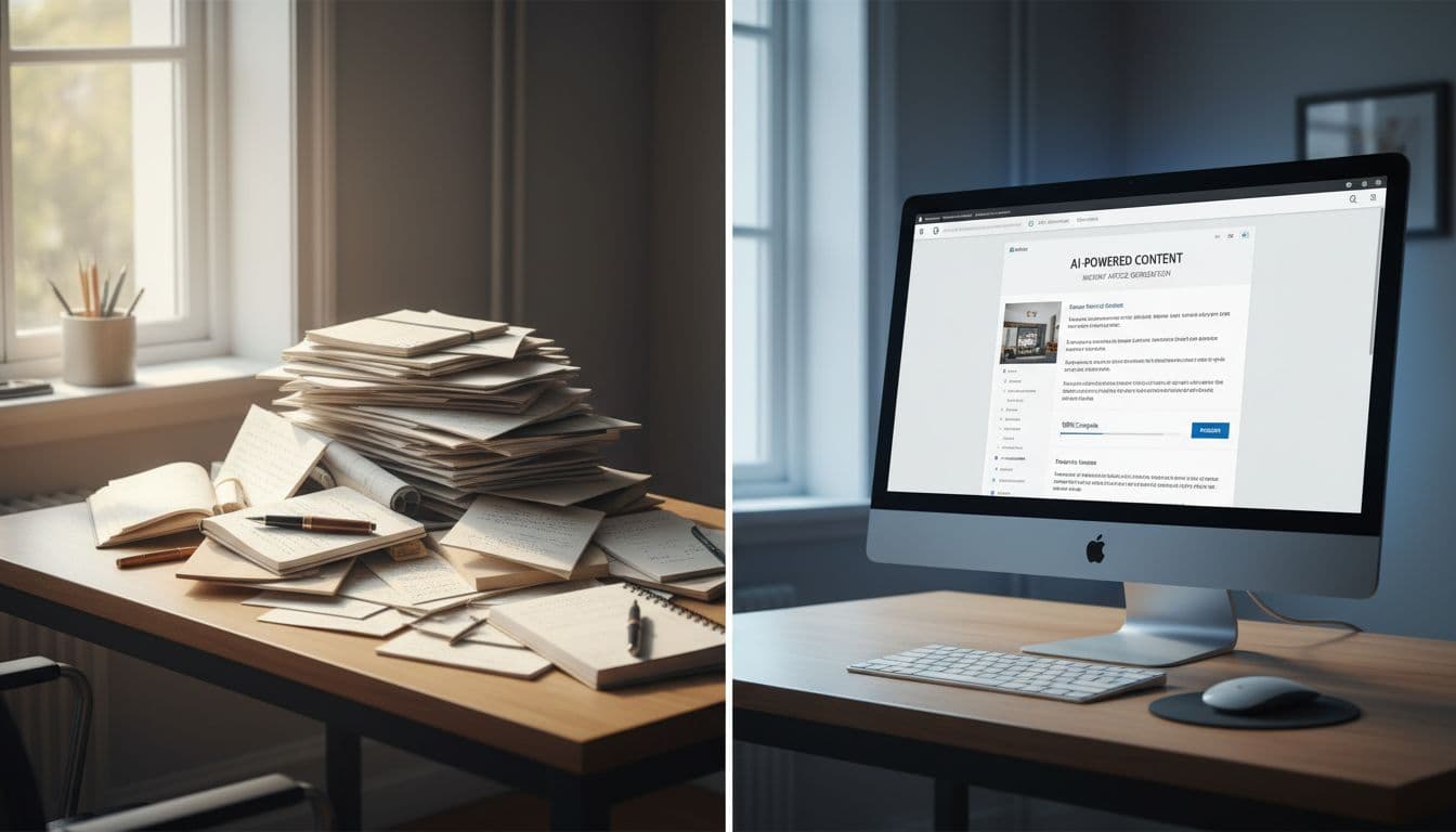 Split desk view: left piled with handwritten paper stacks, right with computer showing digital document.