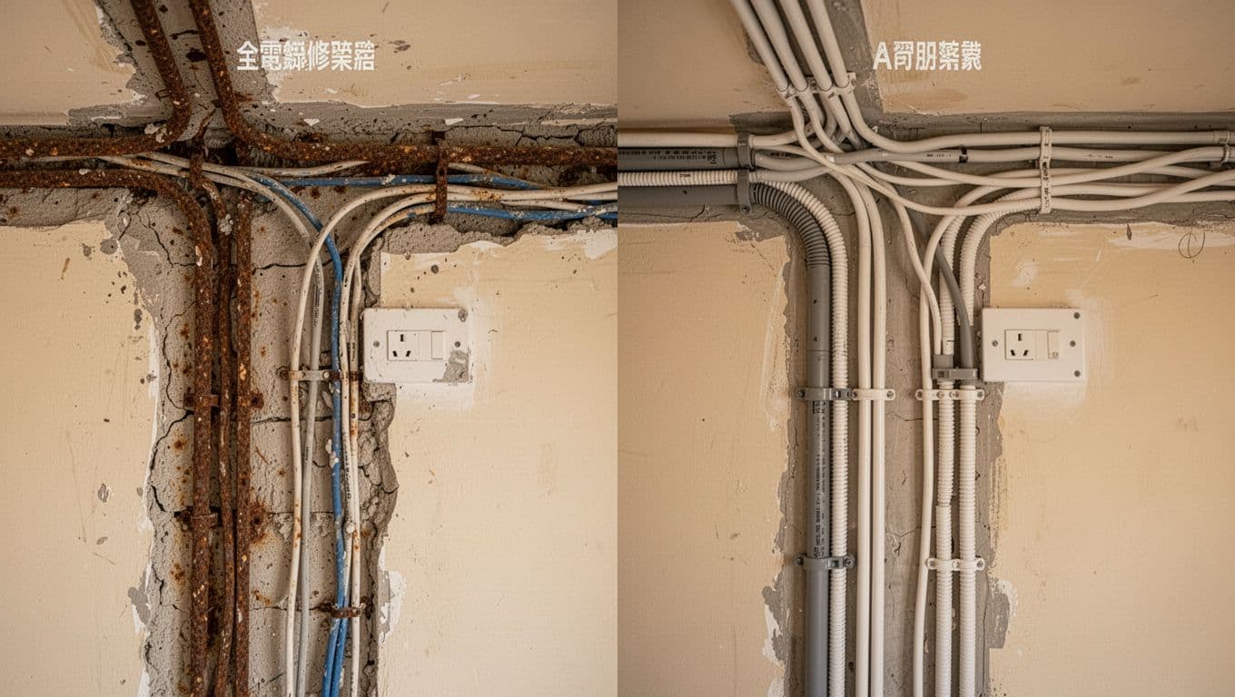 包租代管修繕怎麼做 房東最省事的耐用型水電規劃 Split-image comparison showing old rusty electrical wiring in a home wall transformed into new organized conduits, realistic photo style with warm indoor lighting.