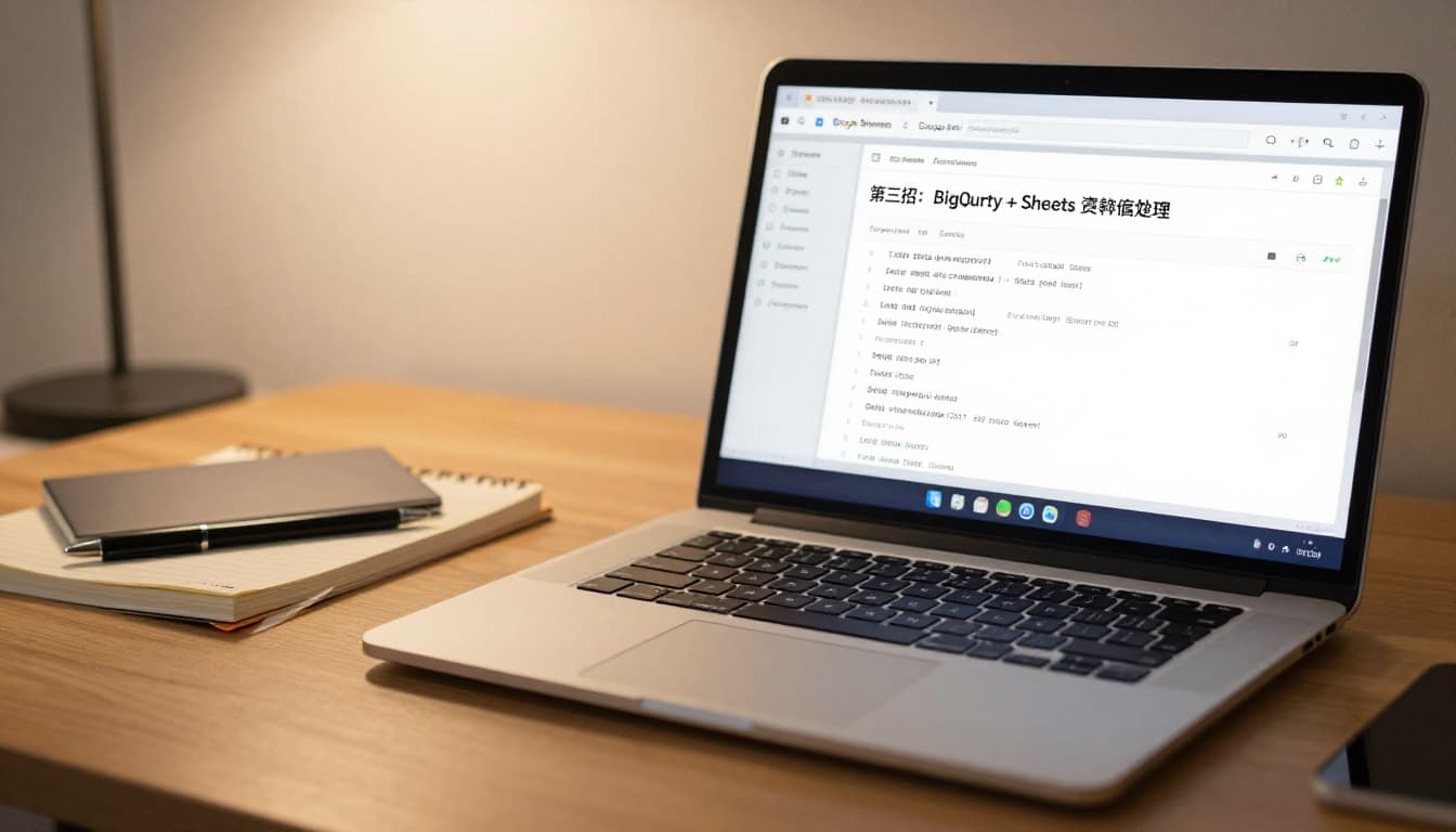 Photorealistic simple data analyst workstation with laptop open to blurred BigQuery query console, nearby Google Sheets tab, notebook and pen on wooden table under warm lighting, no people or text.