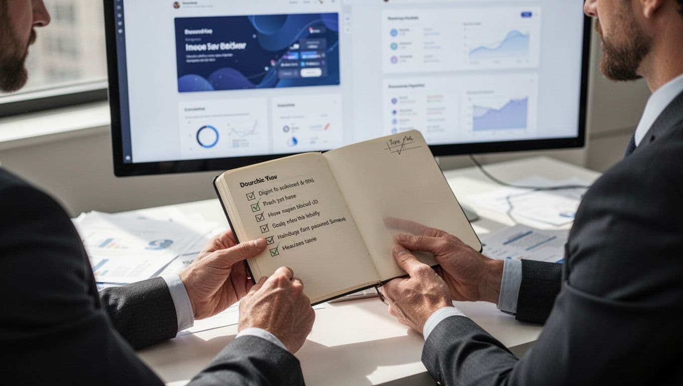 Business owner holds notebook checklist while viewing WordPress dashboard on computer at cluttered modern desk.