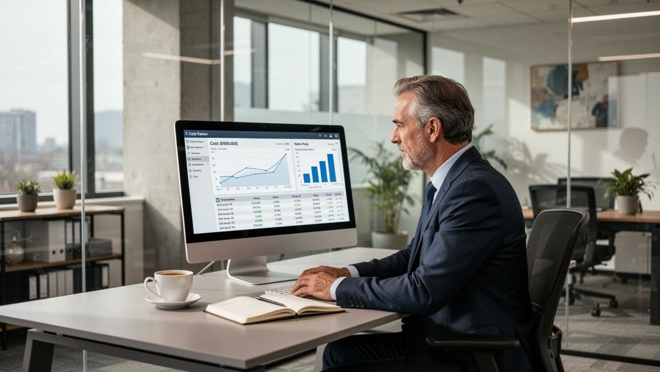 Middle-aged boss at desk reviews WordPress maintenance cost chart on computer screen with coffee cup and notebook nearby.