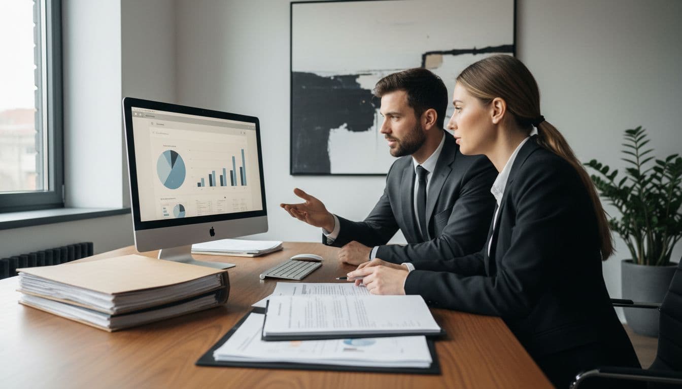 Business owner and accountant discuss financial reports at desk with neat files and computer charts in modern office.