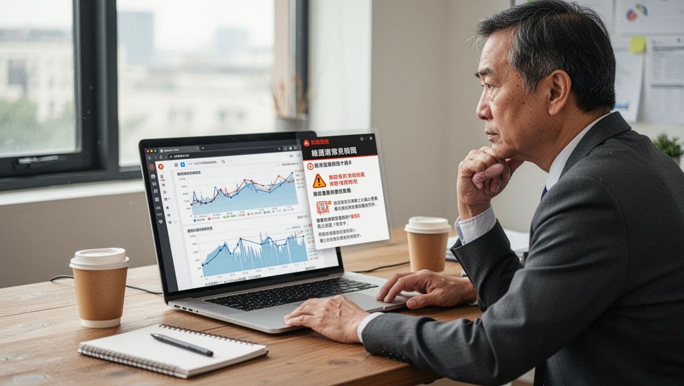 A middle-aged business owner sits pensively at an office desk, viewing a laptop screen displaying website traffic charts and error alerts, accompanied by a coffee cup and notebook in natural indoor light.