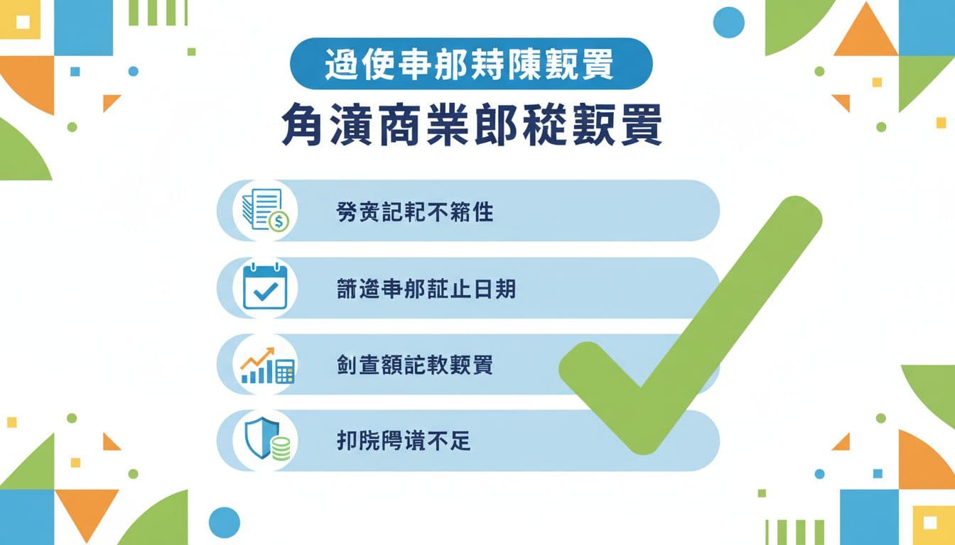 營業稅申報錯誤最常卡在哪?公司合法省下冤枉錢的重點 Infographic style illustration showing a checklist of common business tax declaration errors with icons for invoices, calendar deadlines, sales calculations, and deduction proofs. Simple flat design in bright colors, no text on icons, no people, clean composition.