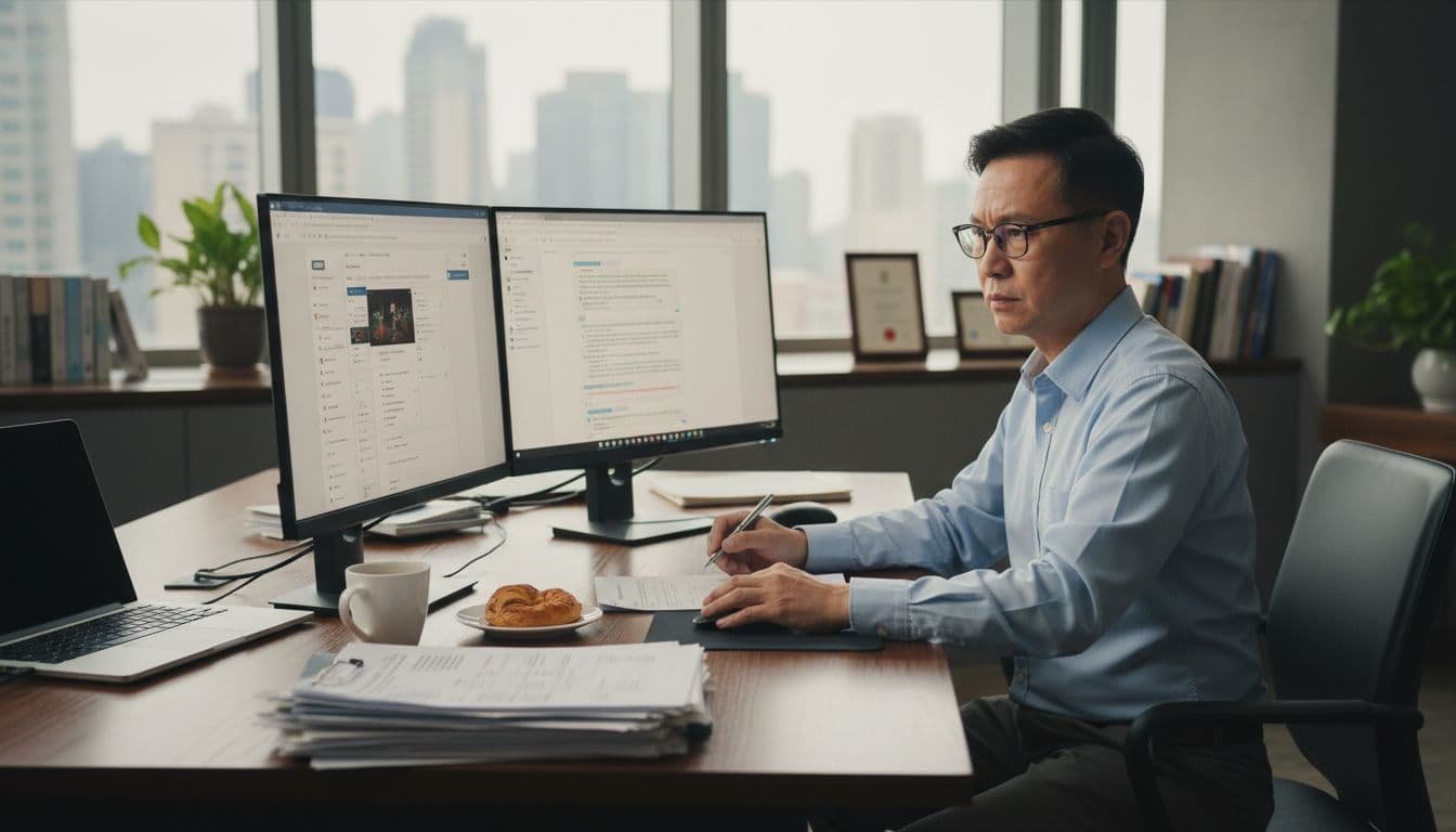 Middle-aged Taiwanese boss sits at desk with computer showing WordPress backend and AI chat, tax documents, coffee cup in modern office.