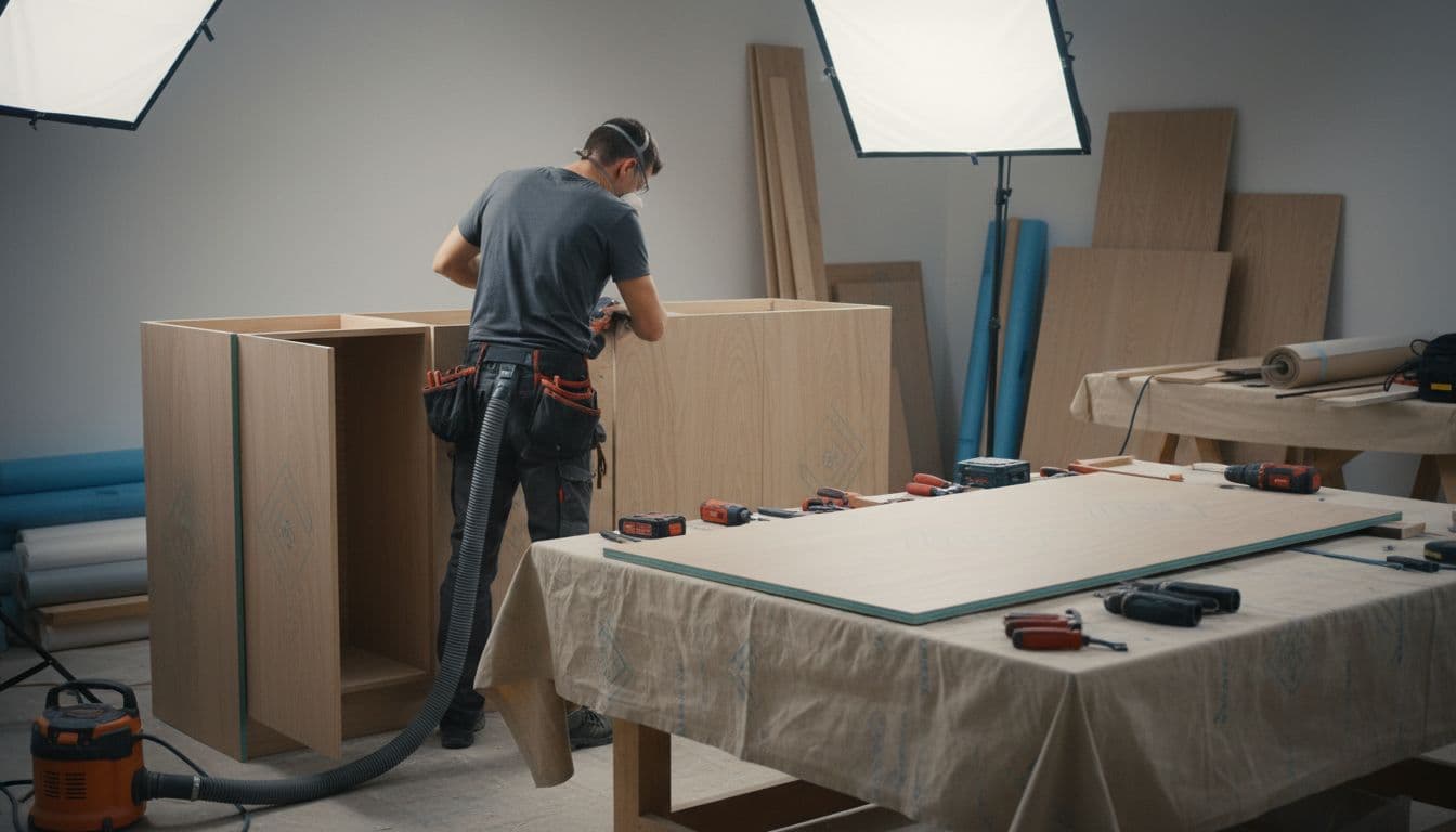Carpenter installs modern cabinet in clean organized site, focus on materials.